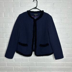 Talbots Wool Blend Faux Fur Trimmed Shetland Blazer Jacket size 14P Petite